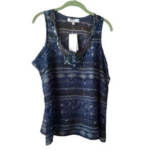 Solitaire Teal Multi Sheer Pullover Boho Print Beaded Neckline Top Large NWT